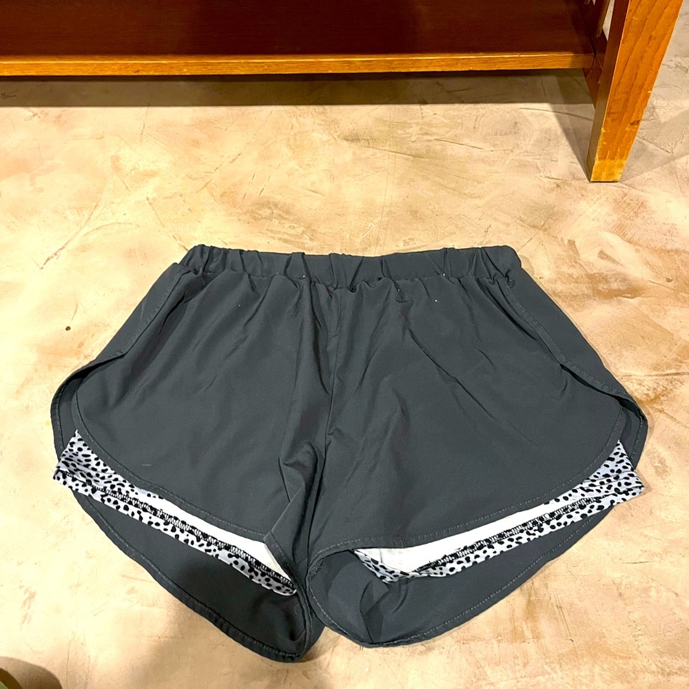 grey shorts with built in patterned spandex